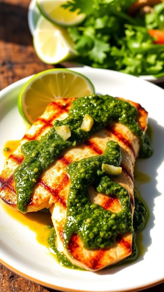 Grilled Mahi Mahi fillet with chimichurri sauce and lime wedges on a rustic wooden table.